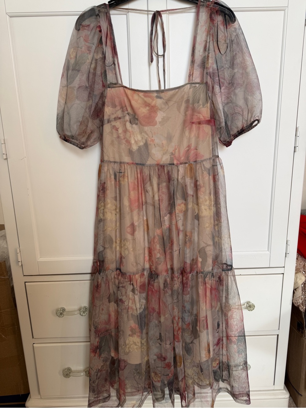 H&M Floral Midi Dress in Cream, Pink and Taupe XS